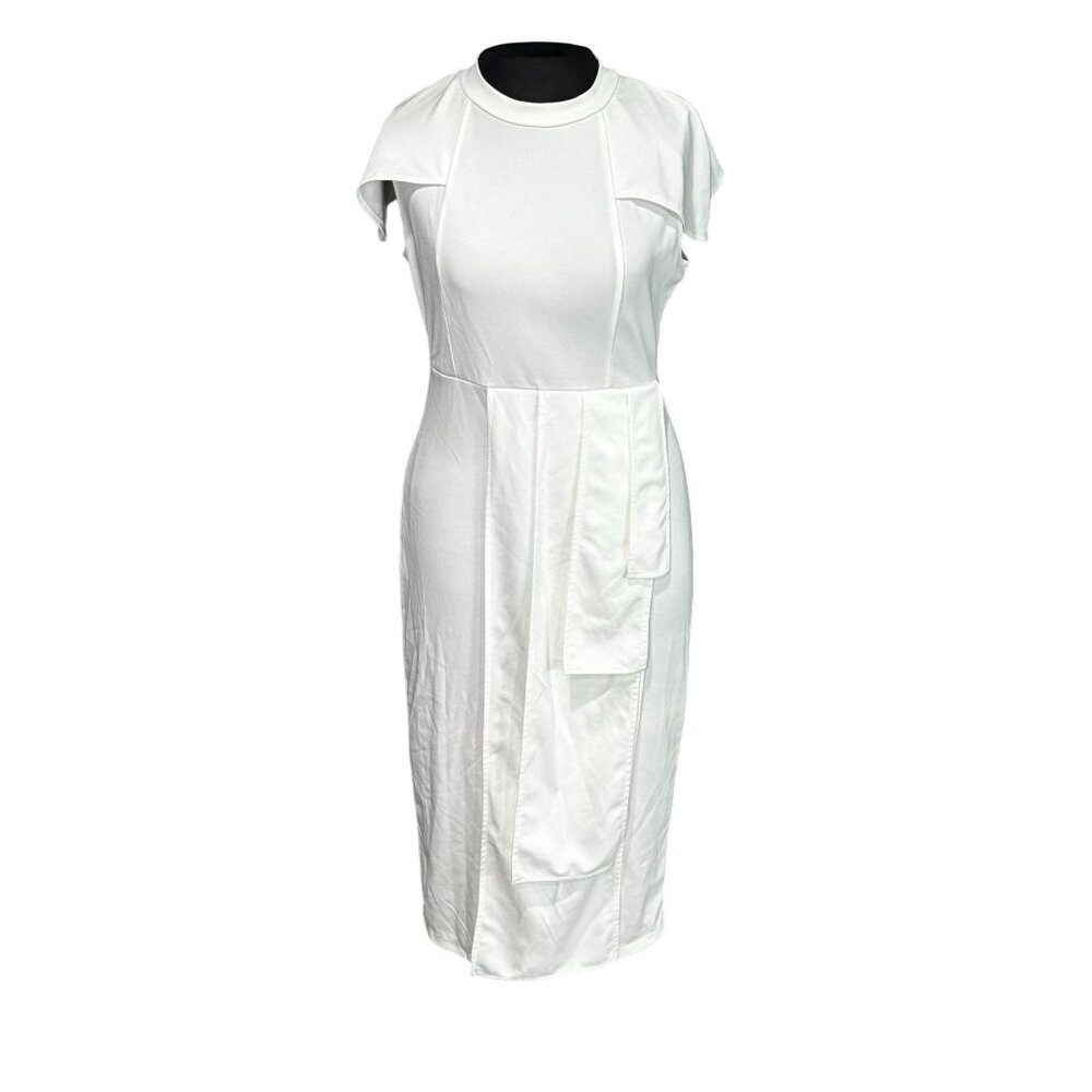 White Midi Dress With Draped Front Detail & Cape Sleeves By Metamorphosis Girl